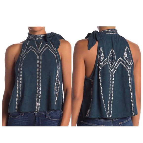 NWT FREE PEOPLE Glitter City Tie Neck Tank - Picture 1 of 4